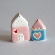 Little Clay House Set Pink Blue White Miniature Pottery Cottage